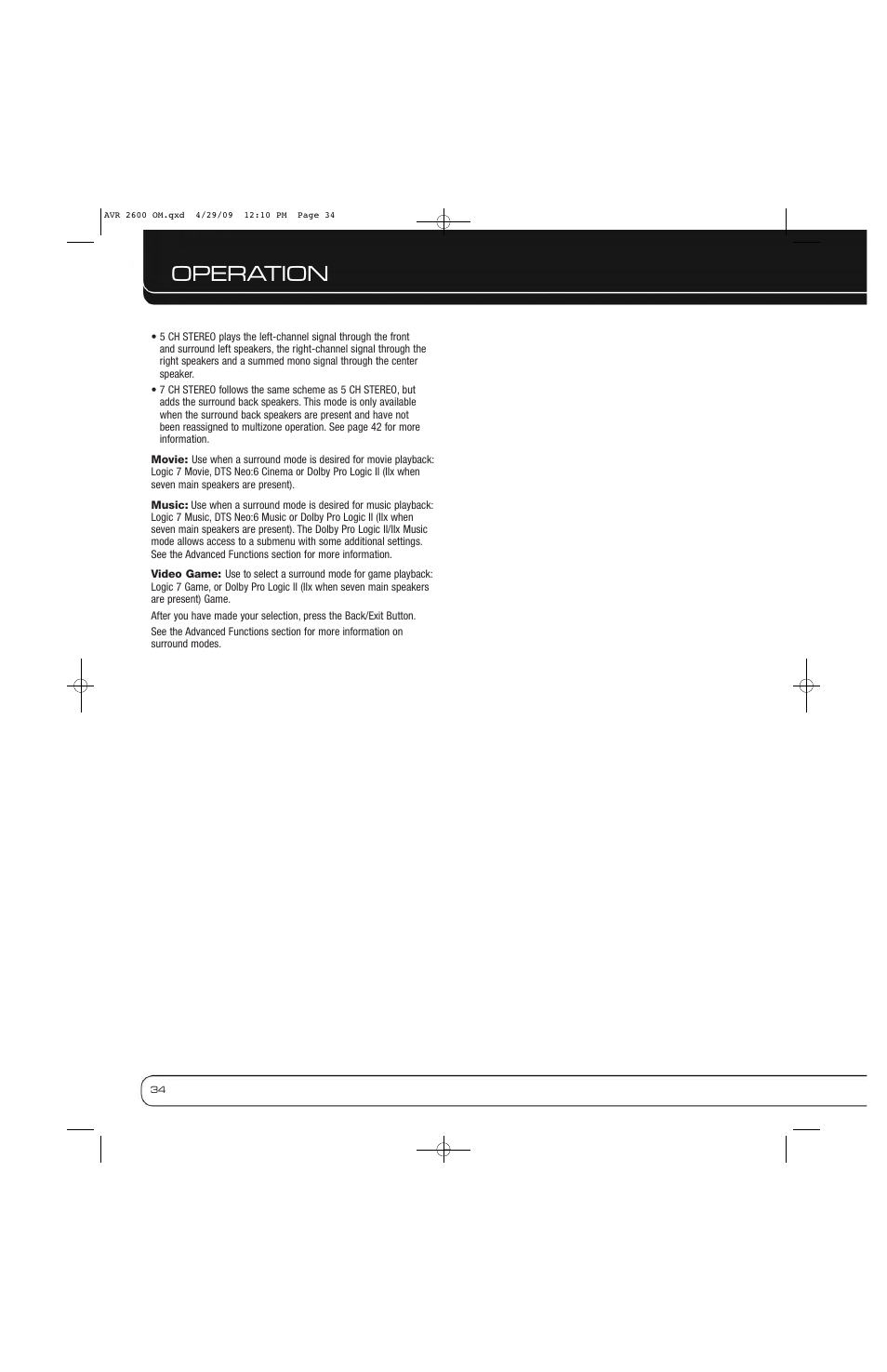 Operation | Harman AVR 2600 User Manual | Page 34 / 63