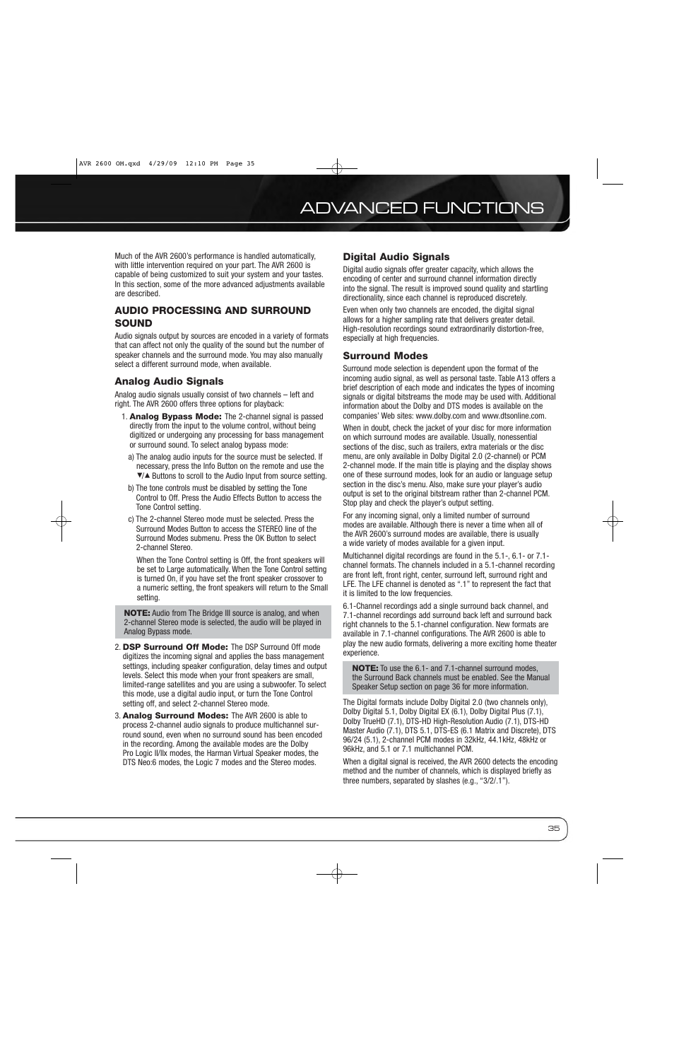 Advanced functions | Harman AVR 2600 User Manual | Page 35 / 63