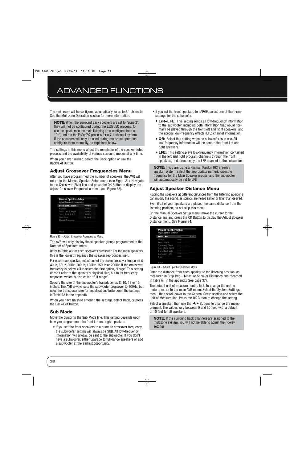 Advanced functions | Harman AVR 2600 User Manual | Page 38 / 63