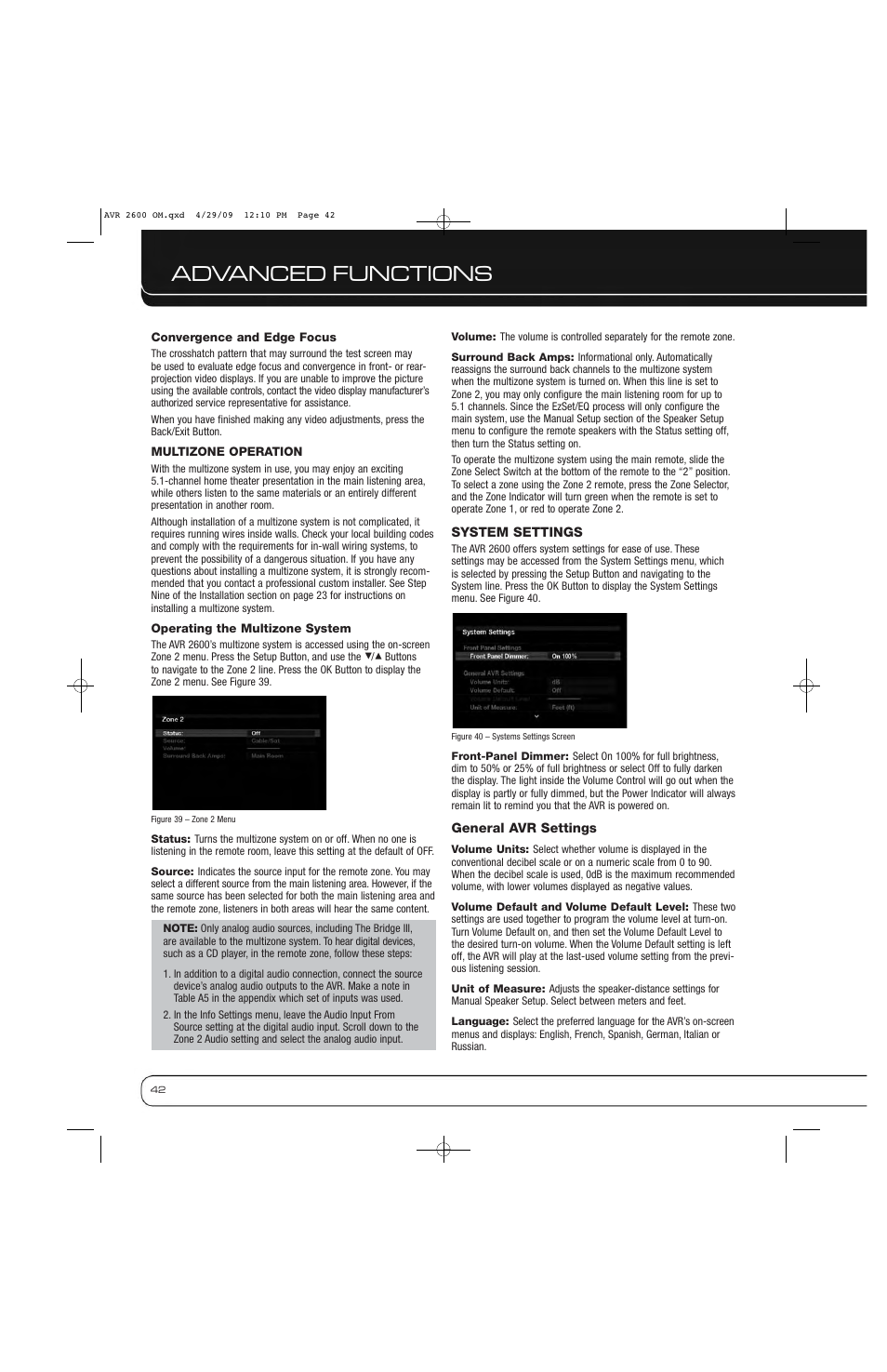 Advanced functions | Harman AVR 2600 User Manual | Page 42 / 63