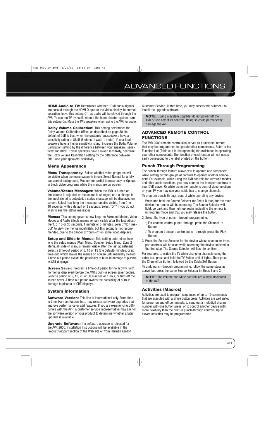 Advanced functions | Harman AVR 2600 User Manual | Page 43 / 63