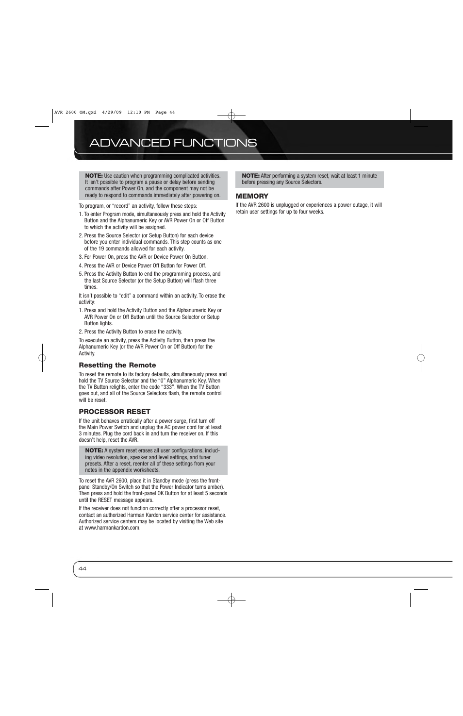 Advanced functions | Harman AVR 2600 User Manual | Page 44 / 63