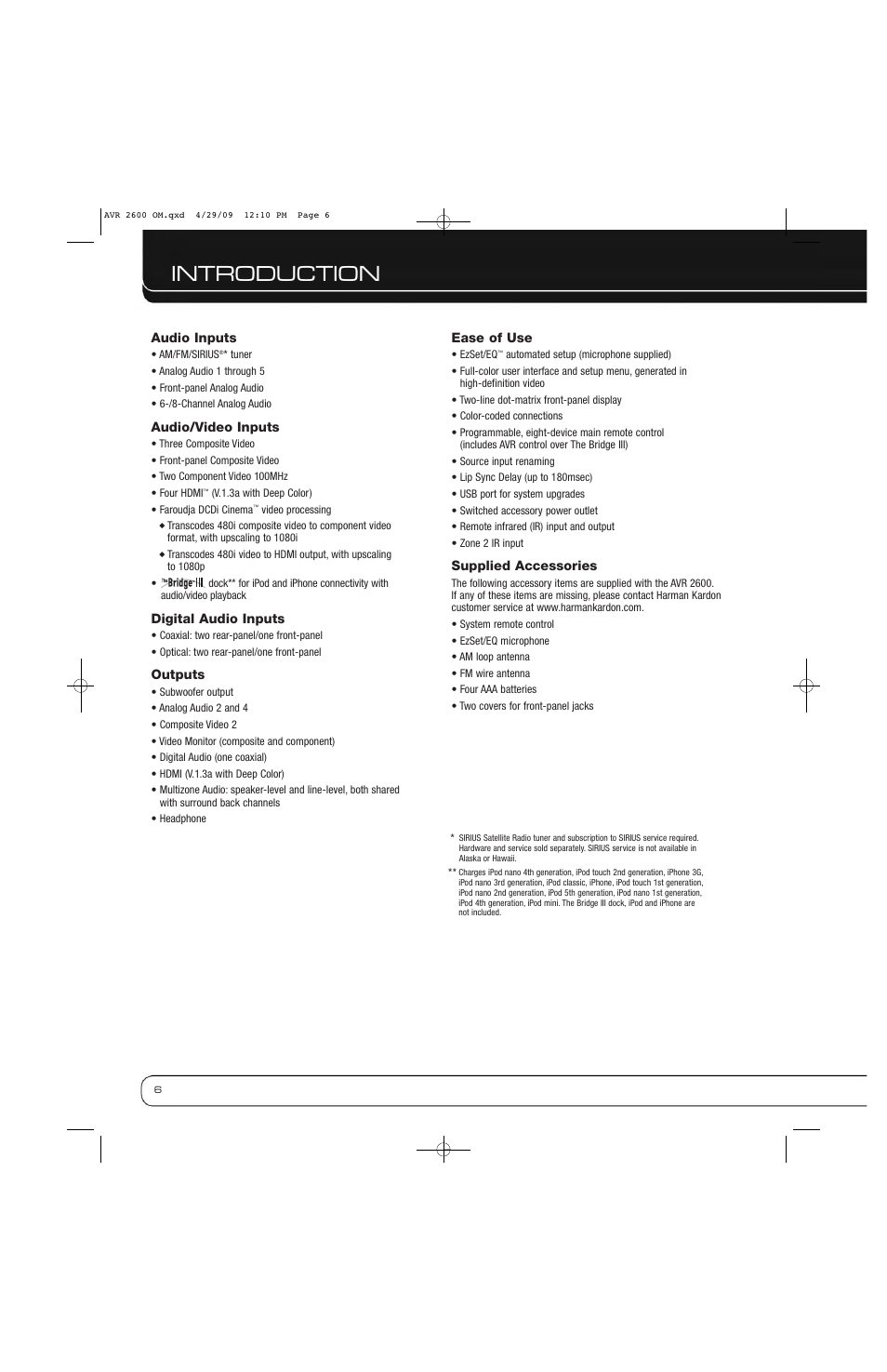 Introduction | Harman AVR 2600 User Manual | Page 6 / 63