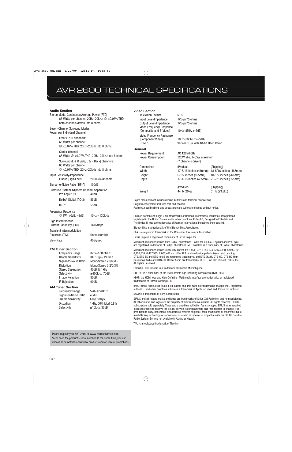 Avr 2600 technical specifications | Harman AVR 2600 User Manual | Page 62 / 63