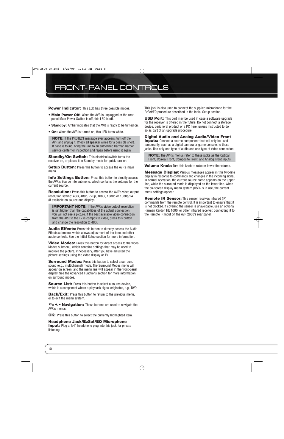 Front- panel controls | Harman AVR 2600 User Manual | Page 8 / 63