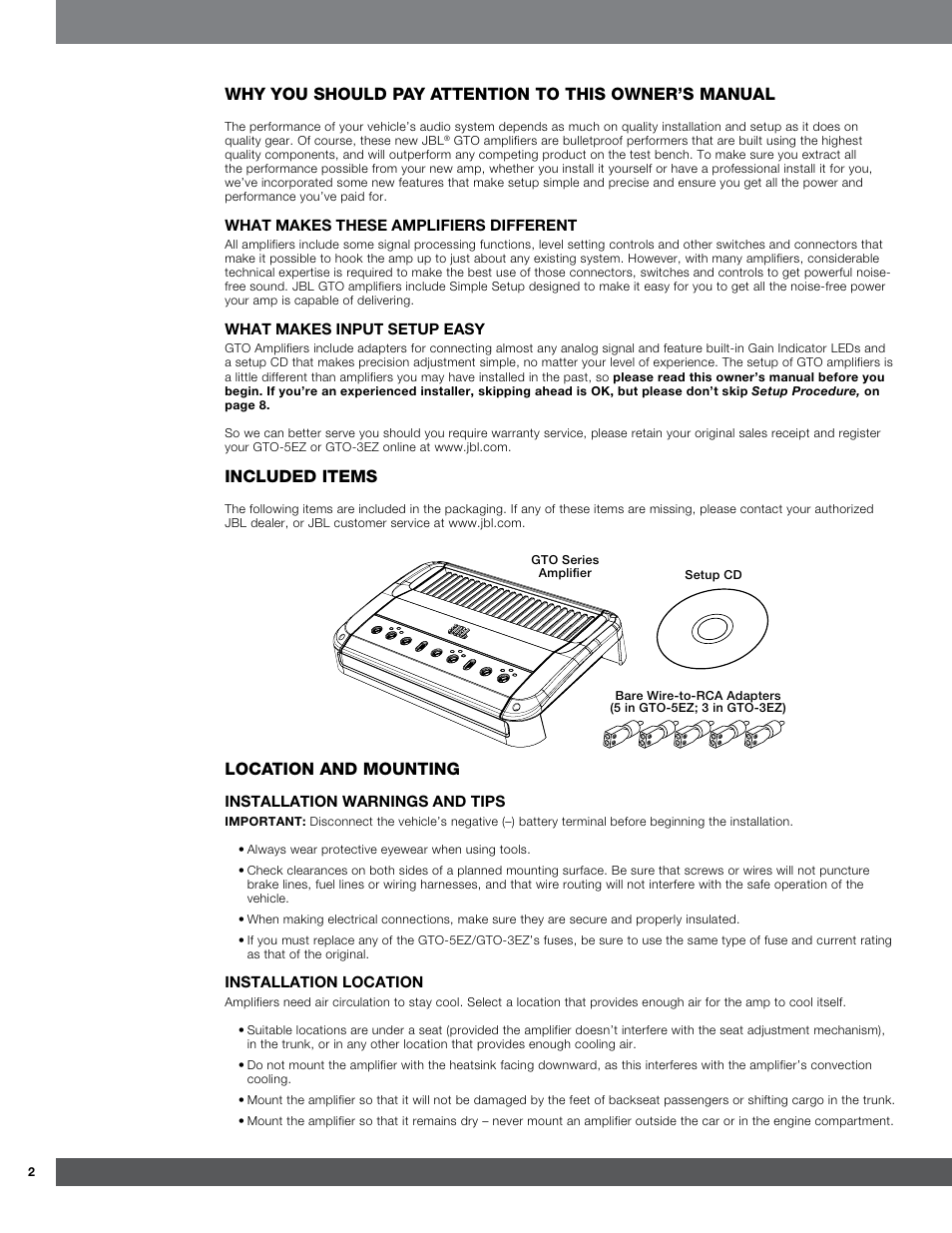 Included items, Location and mounting | Harman GTO-3EZ User Manual | Page 2 / 13