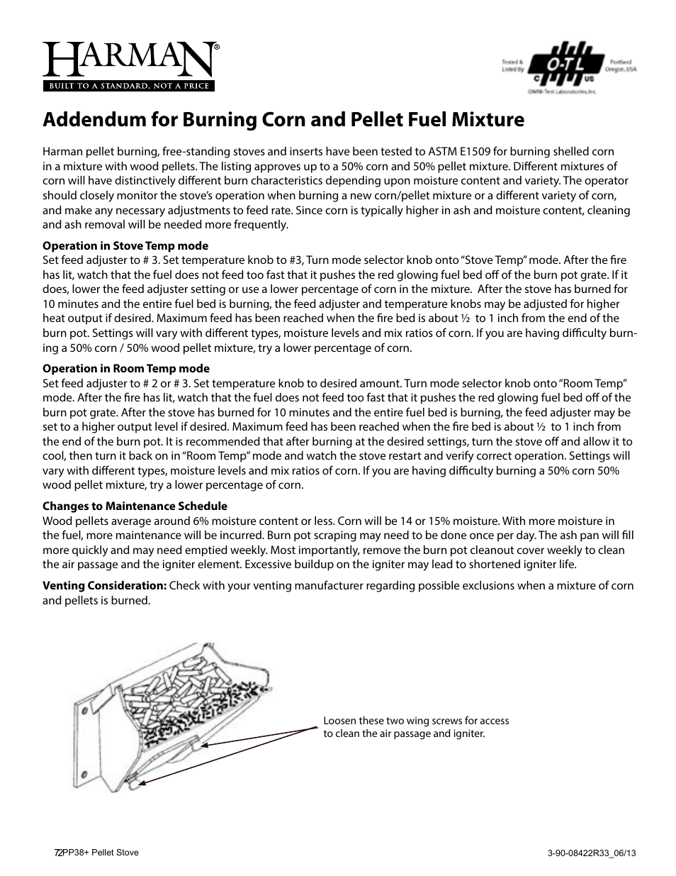 Addendum for burning corn and pellet fuel mixture | Harman PP38+ User Manual | Page 27 / 38