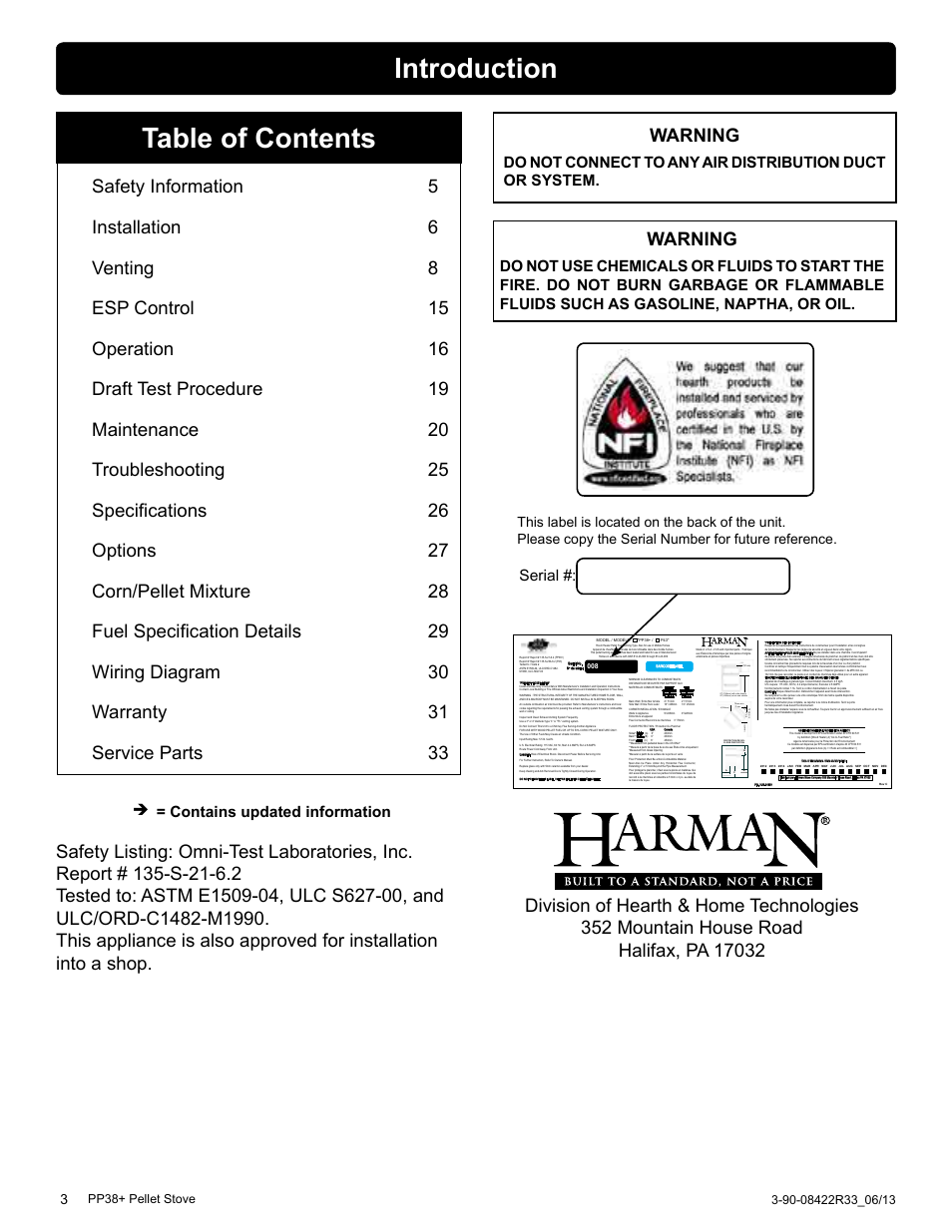 Table of contents introduction, Warning, Serial | Contains updated information | Harman PP38+ User Manual | Page 3 / 38