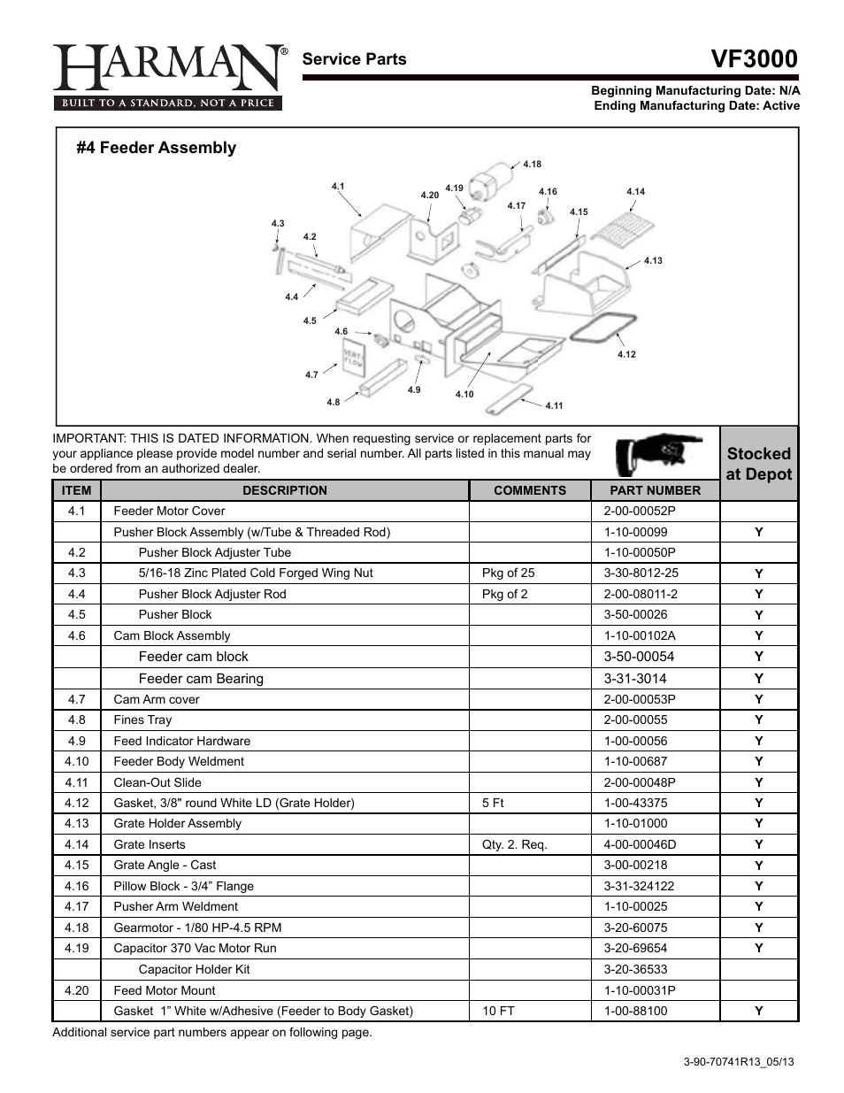 Vf3000, Service parts, 4 feeder assembly | Stocked at depot | Harman Coal Stoker VF3000 User Manual | Page 26 / 32