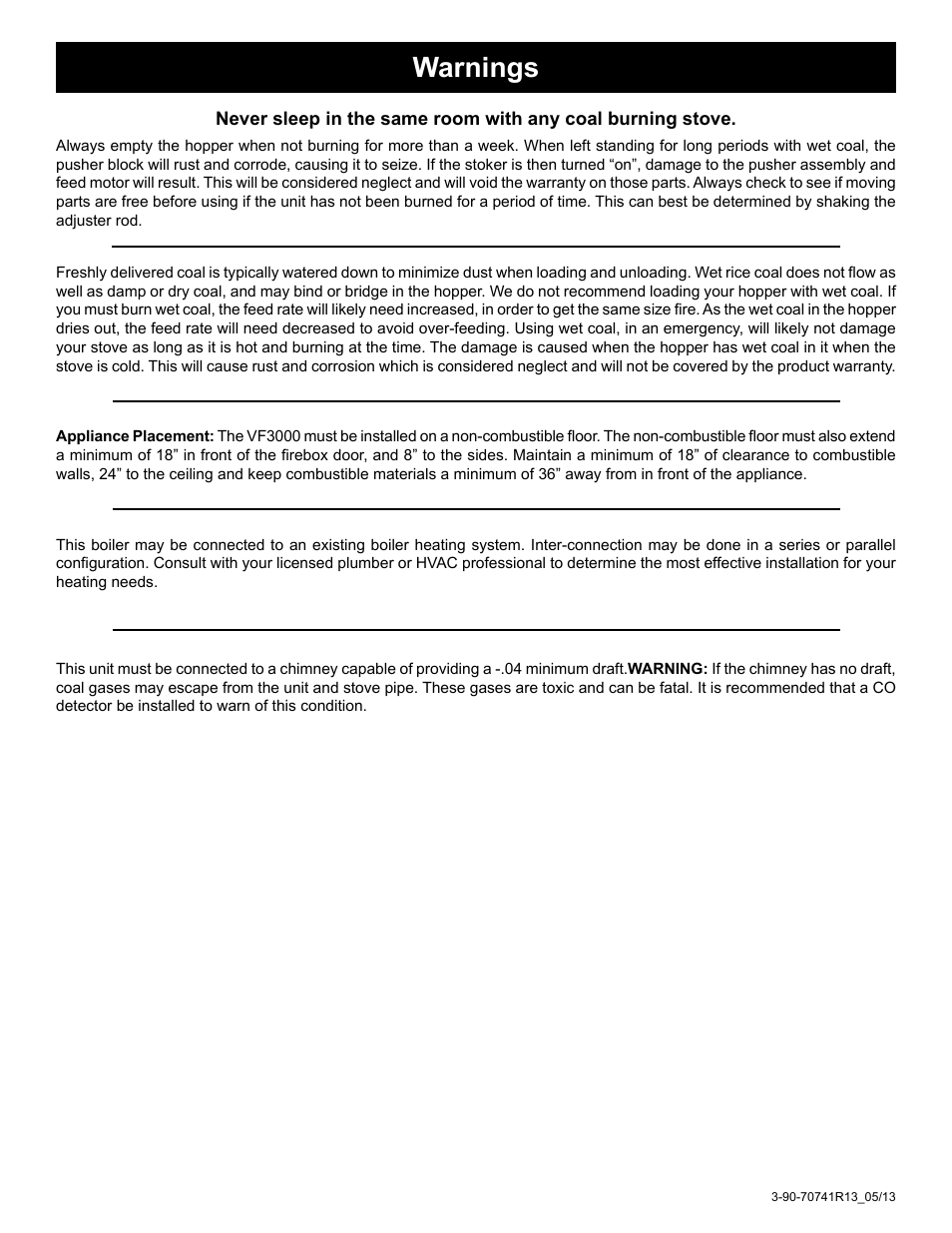 Warnings | Harman Coal Stoker VF3000 User Manual | Page 5 / 32