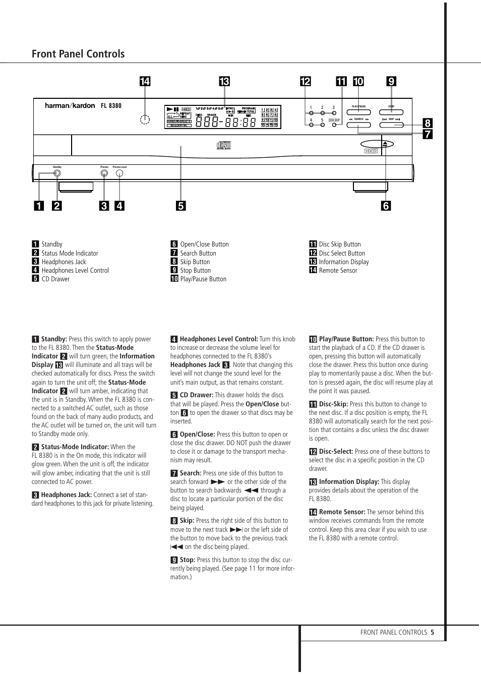 Front panel controls | Harman FL 8380 User Manual | Page 5 / 16