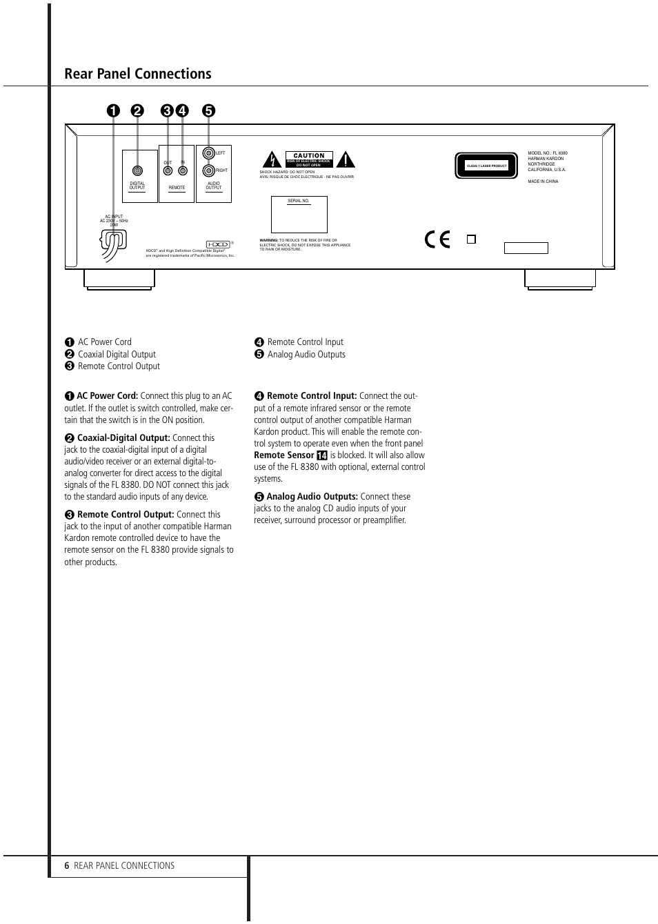 Rear panel connections, 6 rear panel connections | Harman FL 8380 User Manual | Page 6 / 16