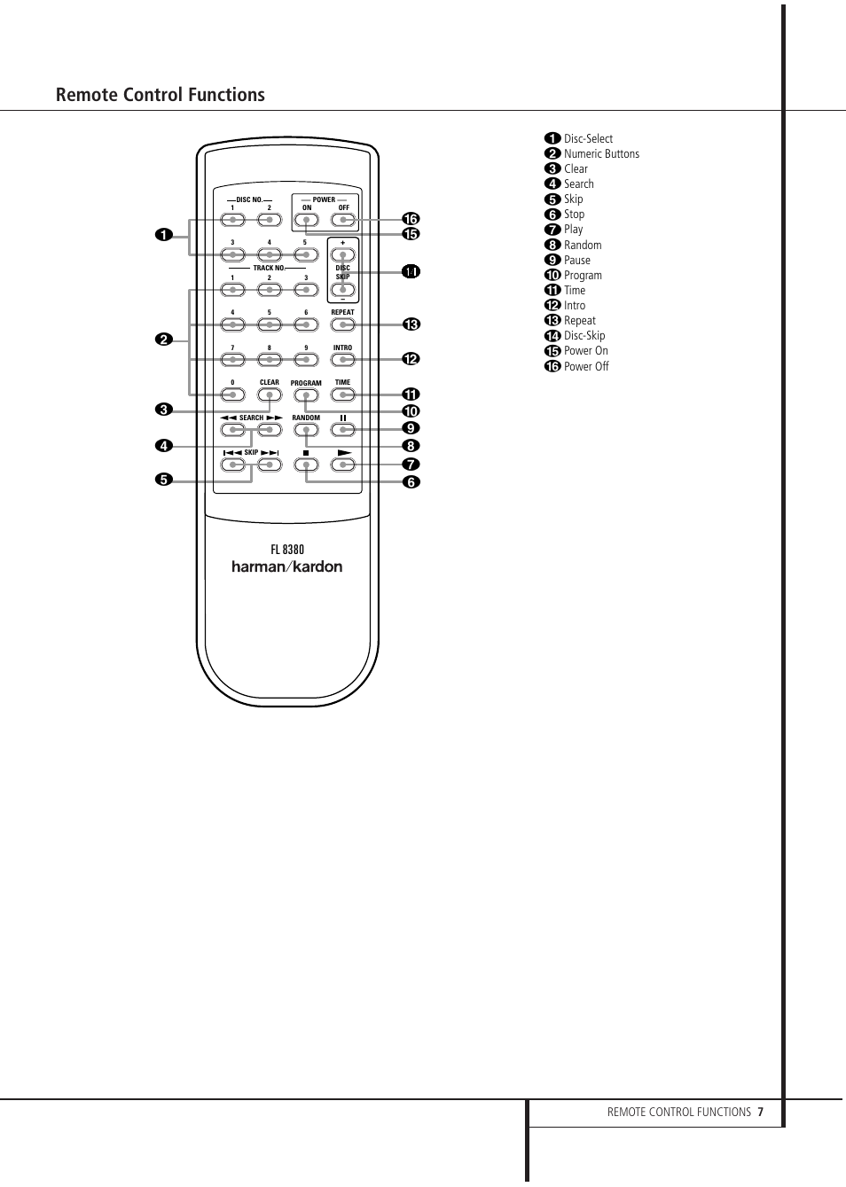 Remote control functions, Fl 8380 | Harman FL 8380 User Manual | Page 7 / 16