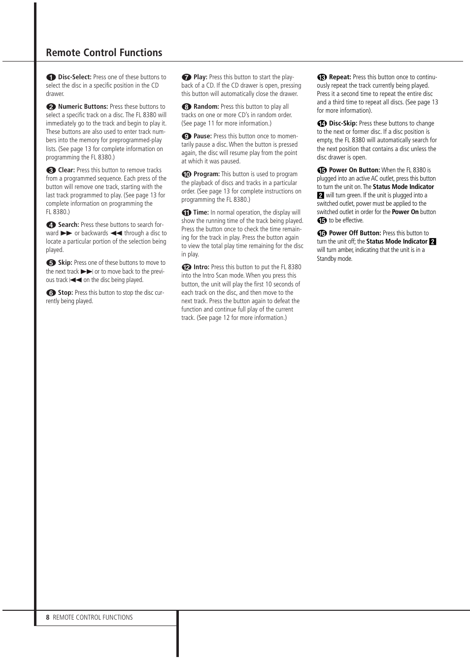 Remote control functions | Harman FL 8380 User Manual | Page 8 / 16