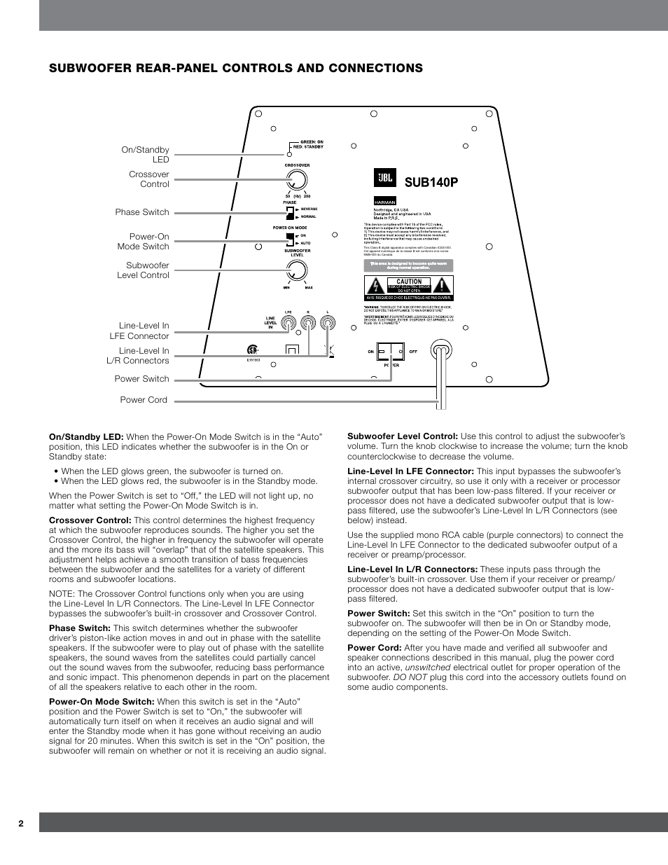 Subwoofer rear-panel controls and connections | Harman CINEMA 500 User Manual | Page 2 / 8