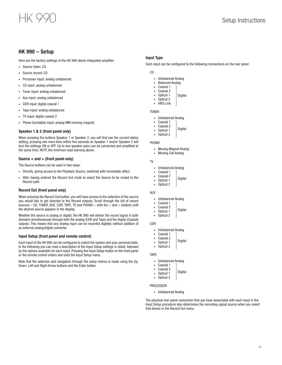 Hk 990, Setup instructions, Hk 990 – setup | Harman HK 990 User Manual | Page 11 / 18