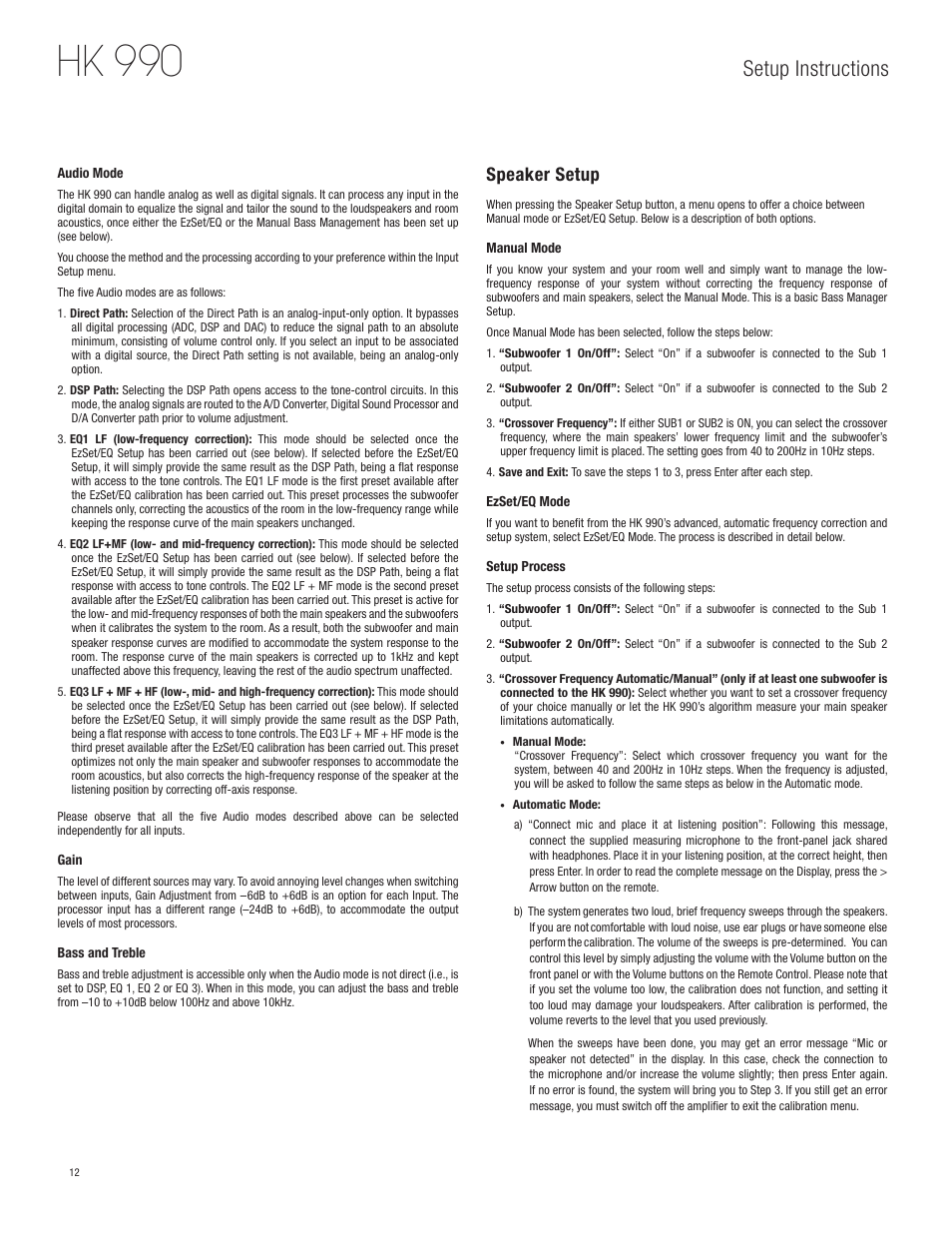 Hk 990, Setup instructions, Speaker setup | Harman HK 990 User Manual | Page 12 / 18