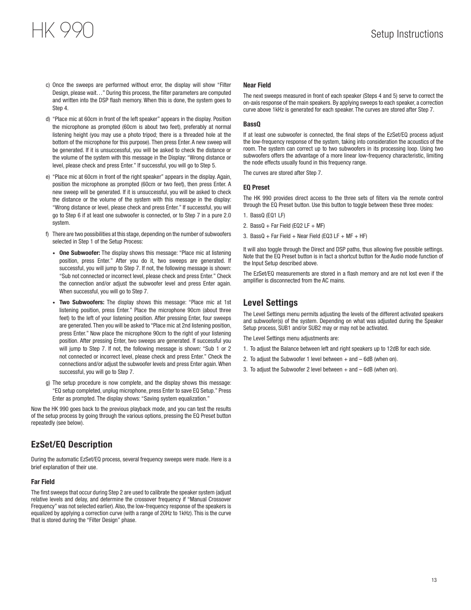Hk 990, Setup instructions, Ezset / eq description | Level settings | Harman HK 990 User Manual | Page 13 / 18