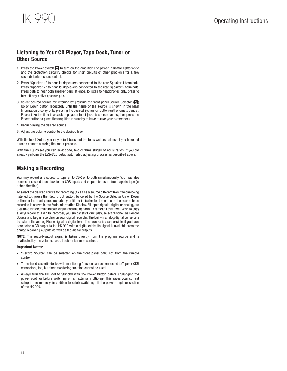 Hk 990, Operating instructions, Making a recording | Harman HK 990 User Manual | Page 14 / 18