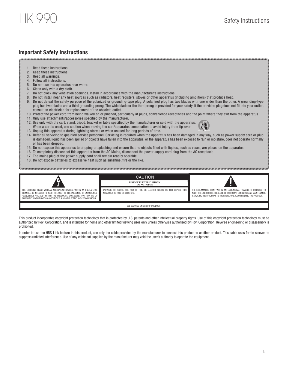 Hk 990, Safety instructions, Important safety instructions | Harman HK 990 User Manual | Page 3 / 18