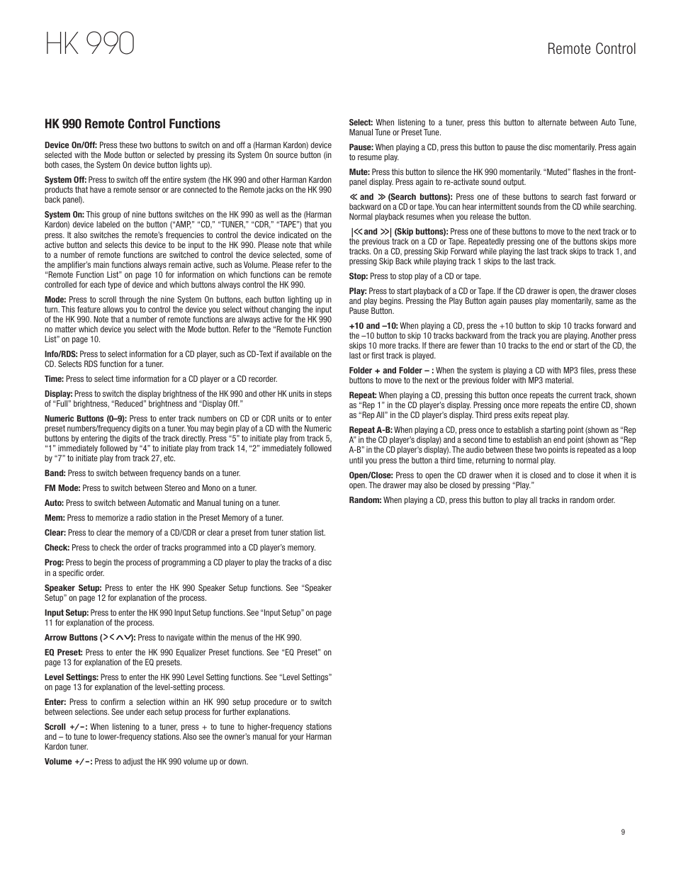 Hk 990, Remote control, Hk 990 remote control functions | Harman HK 990 User Manual | Page 9 / 18