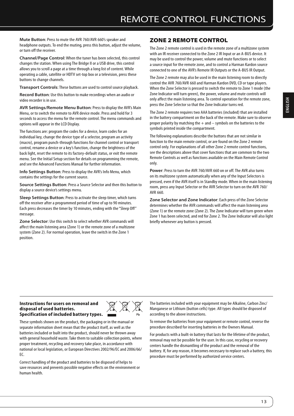 Remote control functions, Zone 2 remote control | Harman-Kardon 760 User Manual | Page 13 / 42