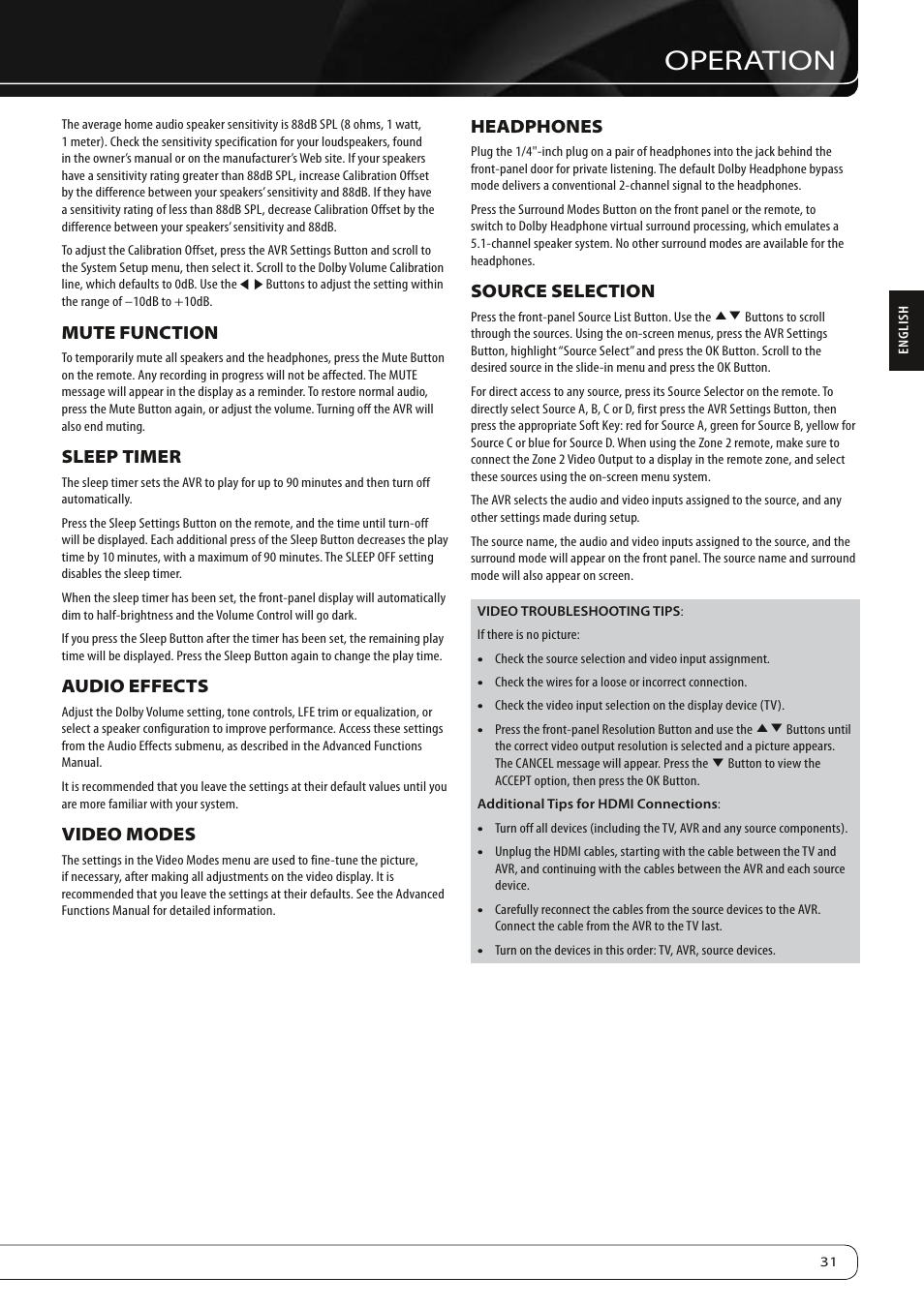 Operation, Mute function, Sleep timer | Audio effects, Video modes, Headphones, Source selection | Harman-Kardon 760 User Manual | Page 31 / 42