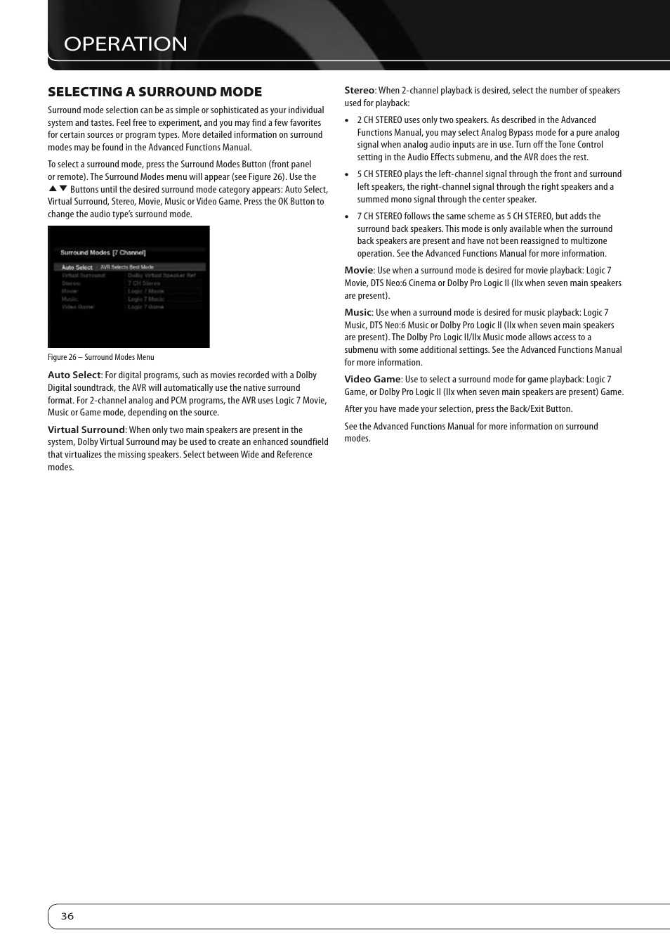Operation, Selecting a surround mode | Harman-Kardon 760 User Manual | Page 36 / 42