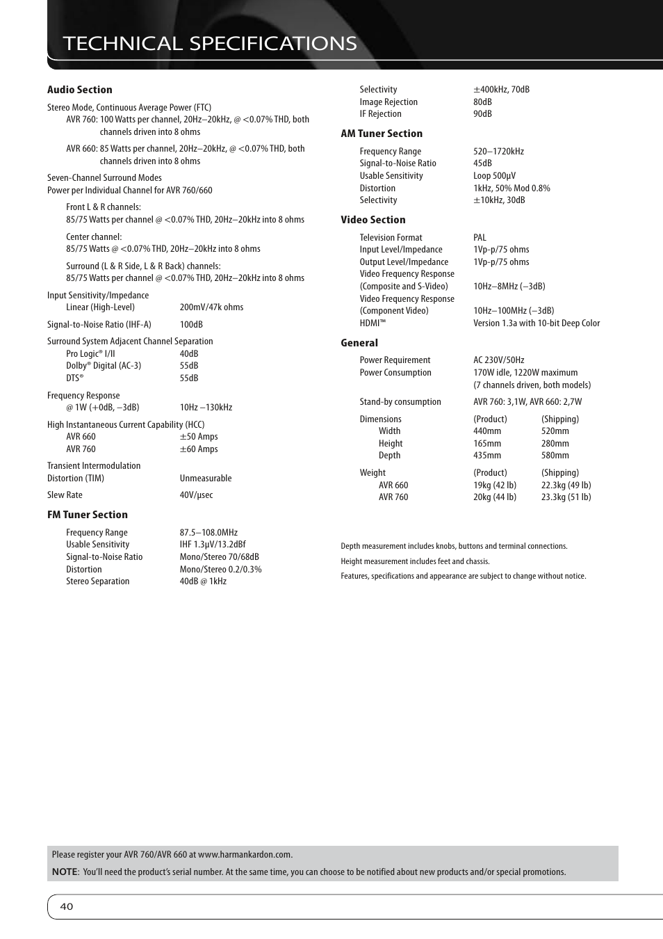 Technical specifications | Harman-Kardon 760 User Manual | Page 40 / 42