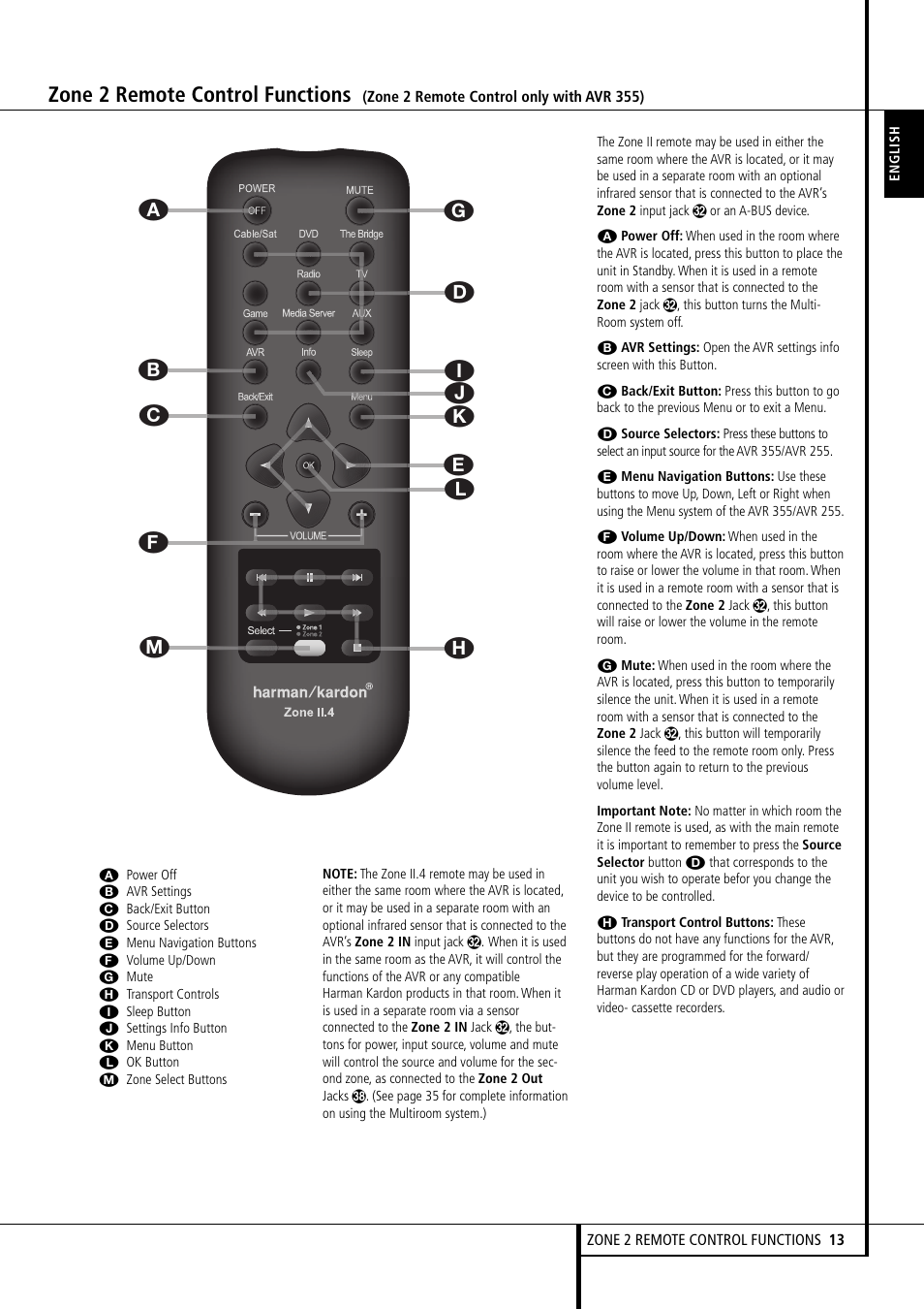 Zone 2 remote control functions | Harman-Kardon AVR 355 User Manual | Page 13 / 58