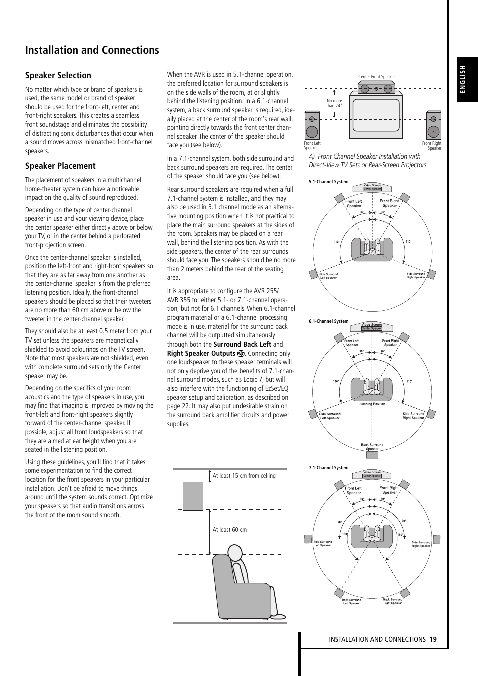 Installation and connections, Speaker selection, Speaker placement | Harman-Kardon AVR 355 User Manual | Page 19 / 58