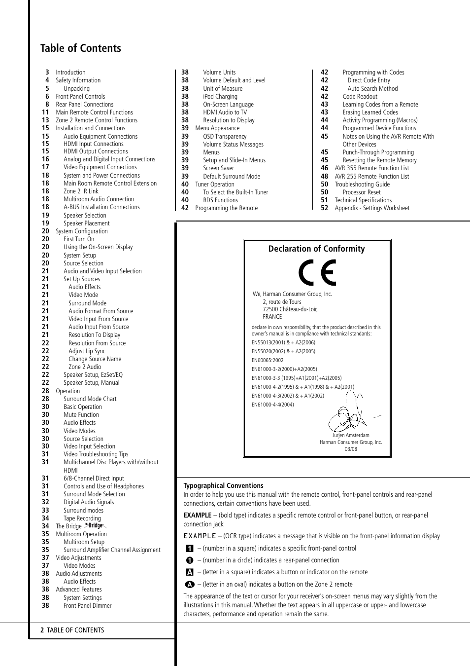 Harman-Kardon AVR 355 User Manual | Page 2 / 58