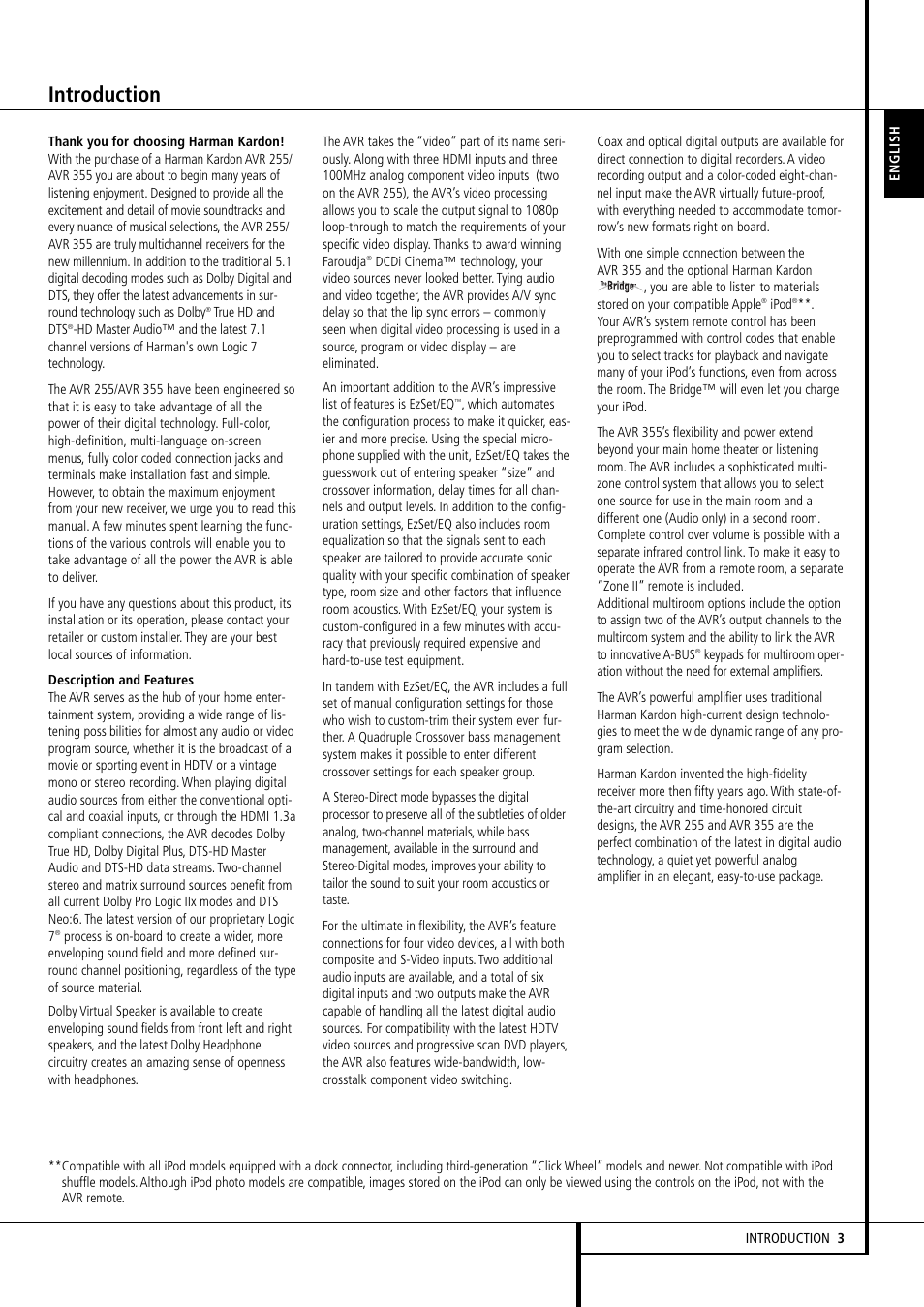 Introduction | Harman-Kardon AVR 355 User Manual | Page 3 / 58