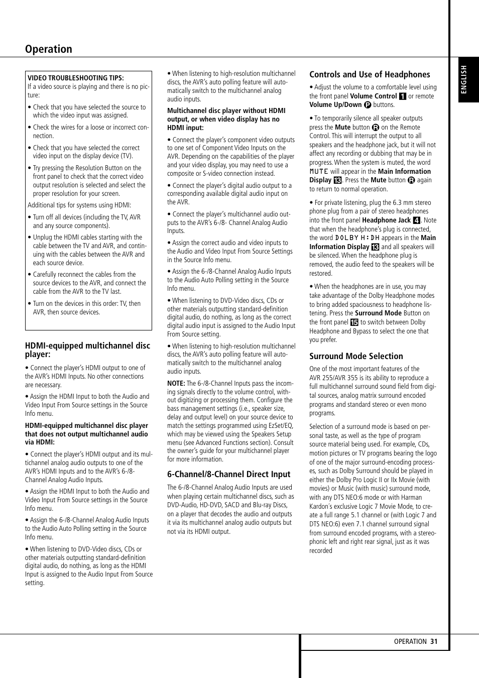 Operation | Harman-Kardon AVR 355 User Manual | Page 31 / 58