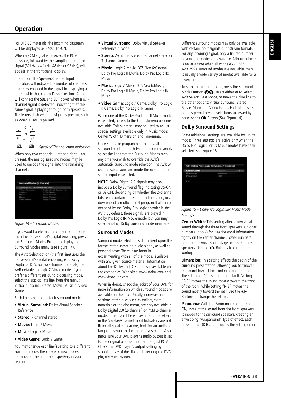 Operation, Surround modes, Dolby surround settings | Harman-Kardon AVR 355 User Manual | Page 33 / 58