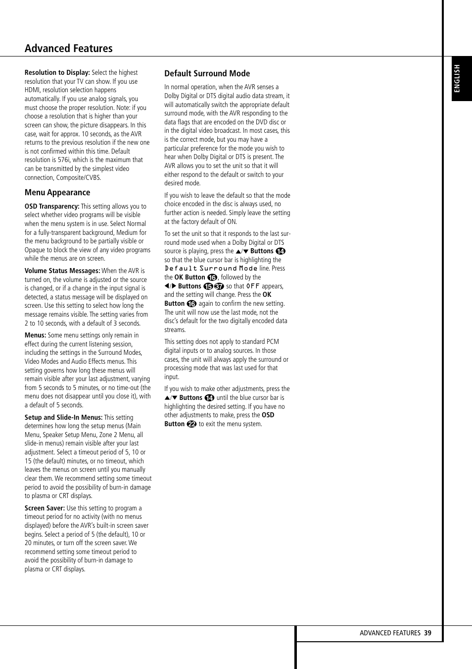 Advanced features, Menu appearance, Default surround mode | Harman-Kardon AVR 355 User Manual | Page 39 / 58