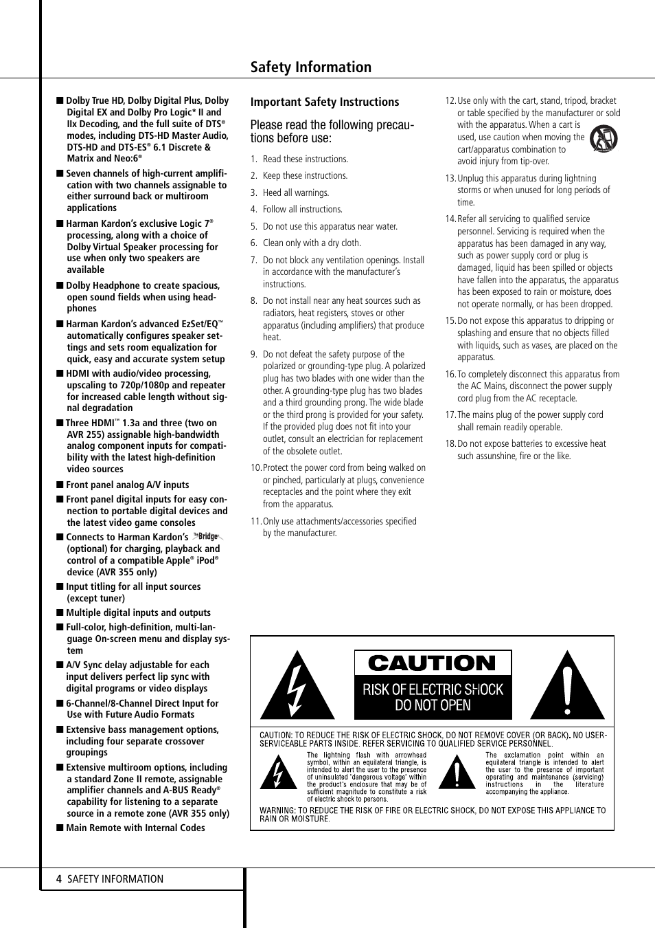 Safety information, Please read the following precau- tions before use, Important safety instructions | Harman-Kardon AVR 355 User Manual | Page 4 / 58