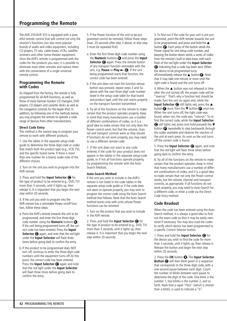 Programming the remote | Harman-Kardon AVR 355 User Manual | Page 42 / 58