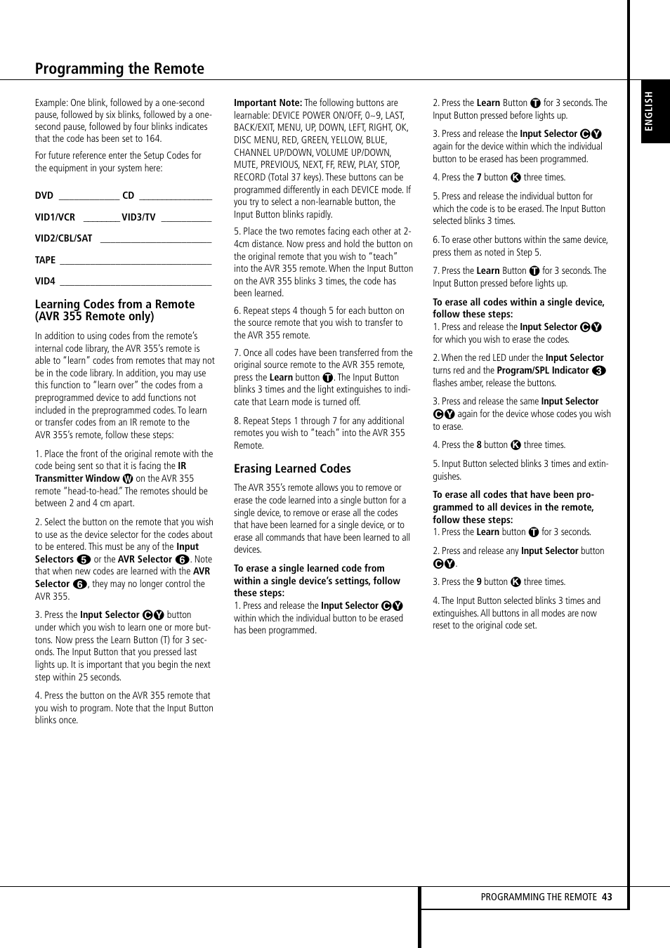 Programming the remote | Harman-Kardon AVR 355 User Manual | Page 43 / 58