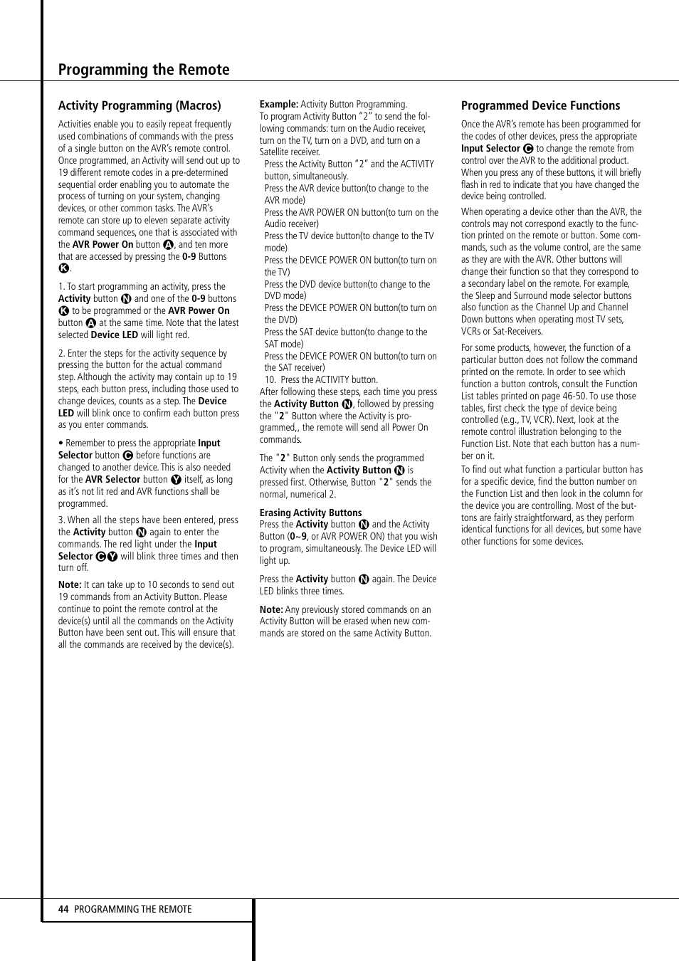 Programming the remote | Harman-Kardon AVR 355 User Manual | Page 44 / 58