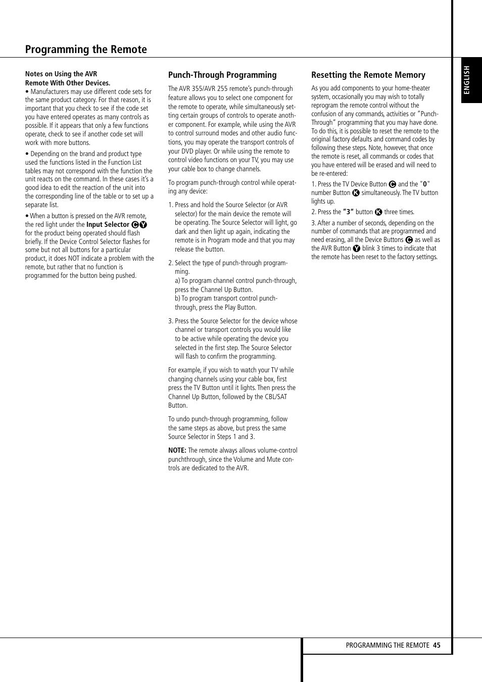 Programming the remote | Harman-Kardon AVR 355 User Manual | Page 45 / 58