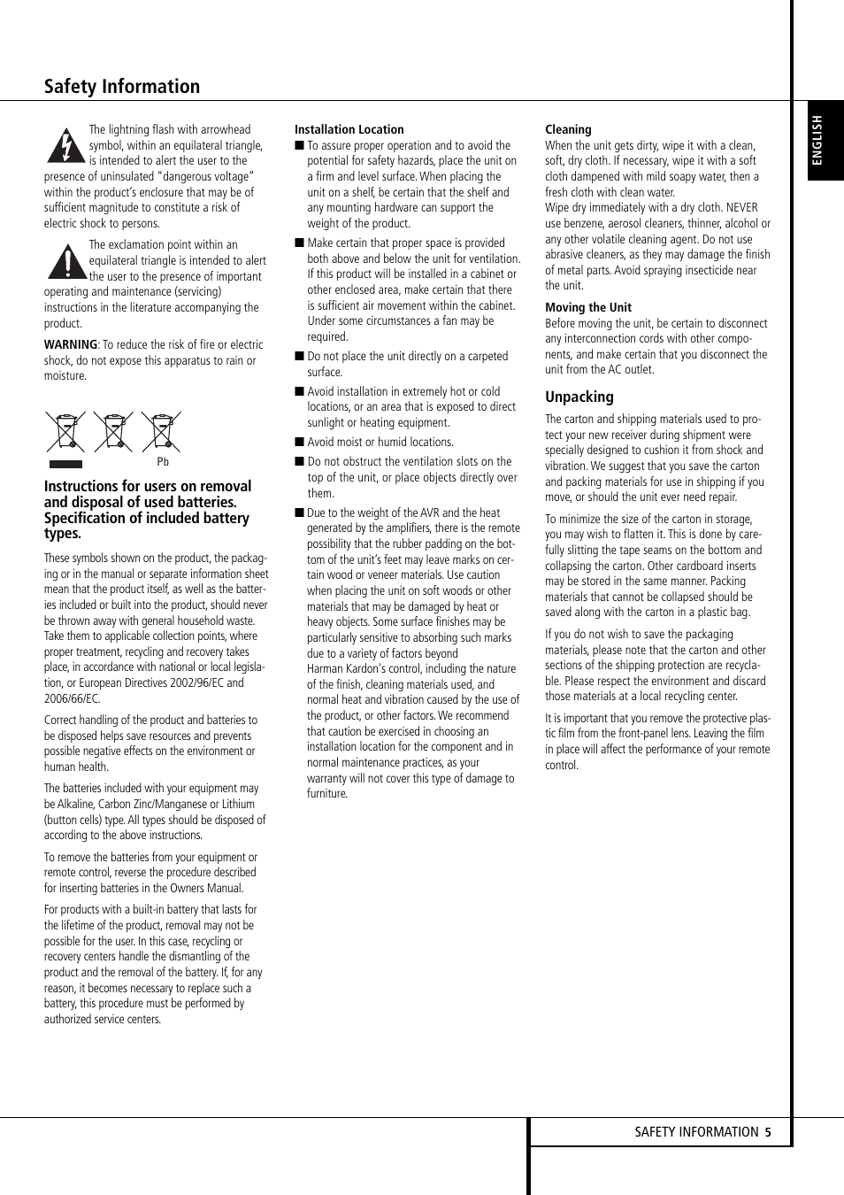 Safety information | Harman-Kardon AVR 355 User Manual | Page 5 / 58