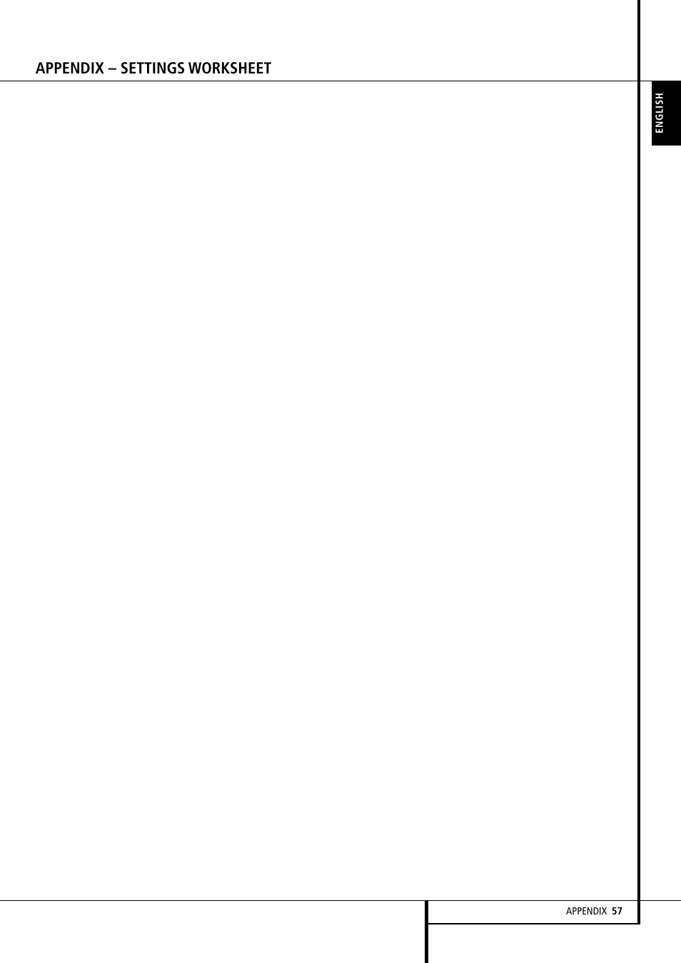 Appendix – settings worksheet | Harman-Kardon AVR 355 User Manual | Page 57 / 58