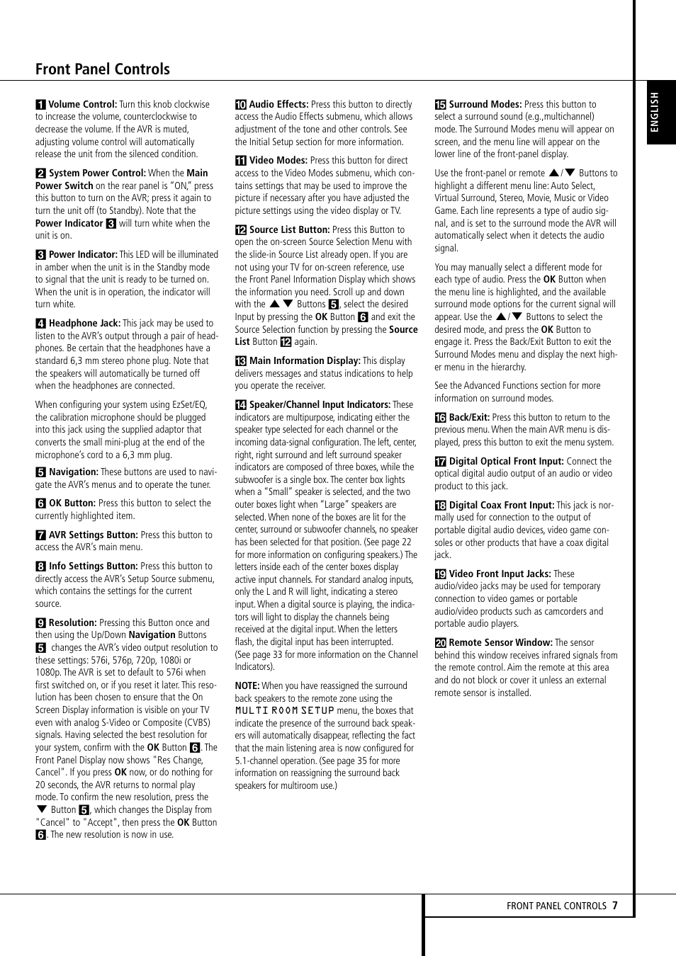 Front panel controls | Harman-Kardon AVR 355 User Manual | Page 7 / 58