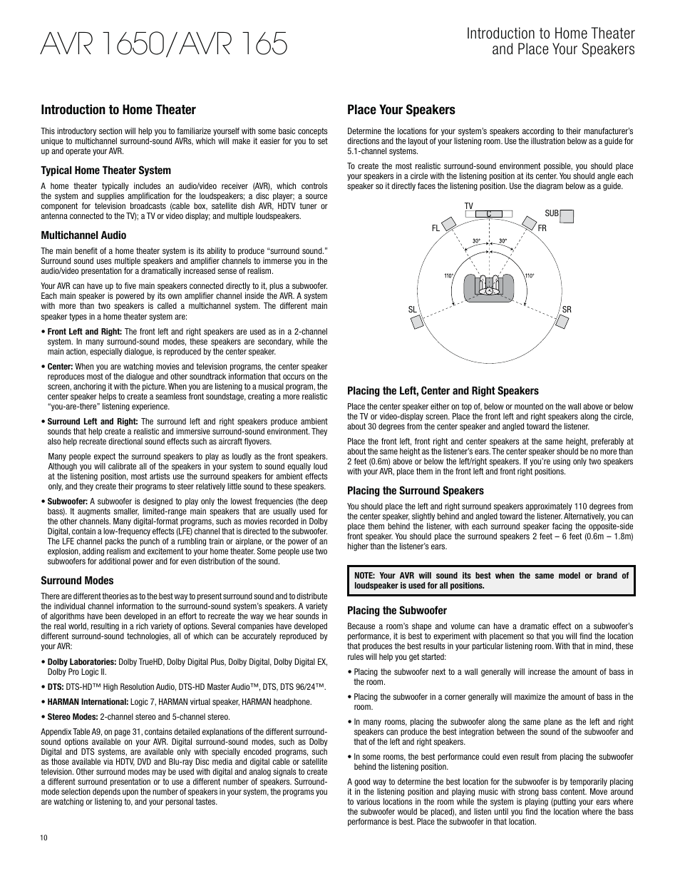 Introduction to home theater, Place your speakers | Harman-Kardon AVR 1650 User Manual | Page 10 / 42