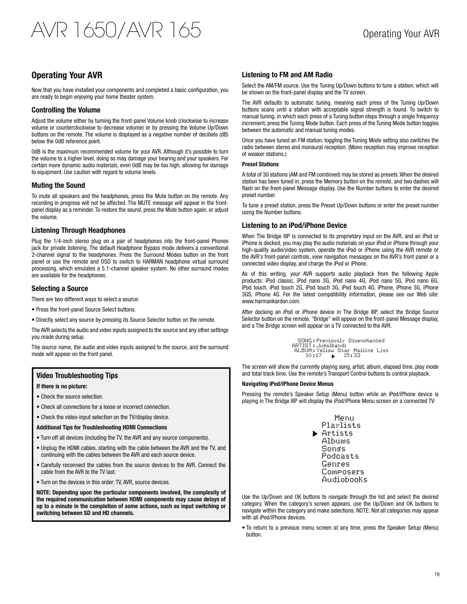 Operating your avr | Harman-Kardon AVR 1650 User Manual | Page 19 / 42