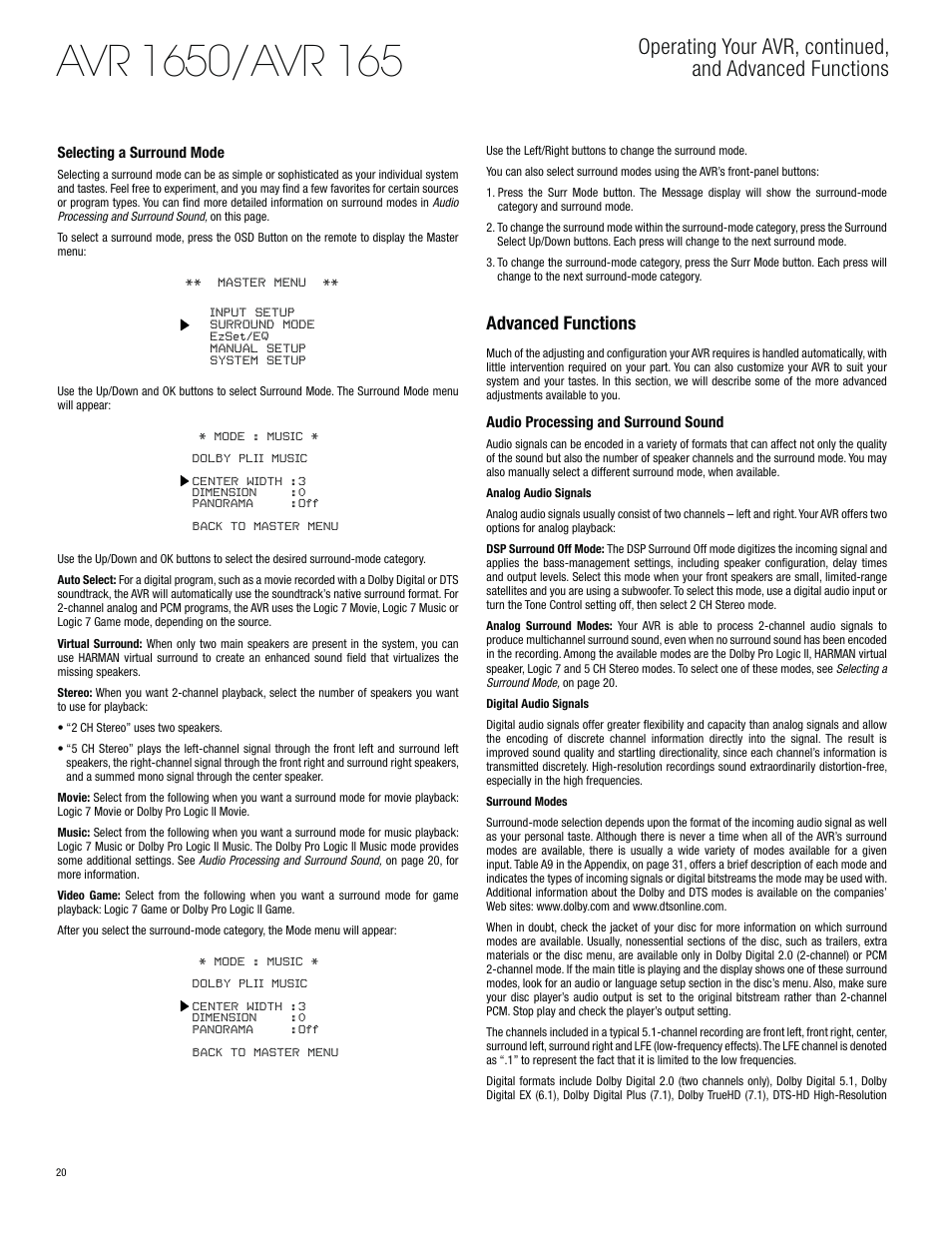 Advanced functions | Harman-Kardon AVR 1650 User Manual | Page 20 / 42