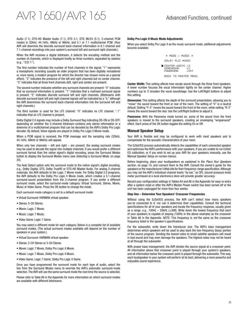 Advanced functions, continued | Harman-Kardon AVR 1650 User Manual | Page 21 / 42