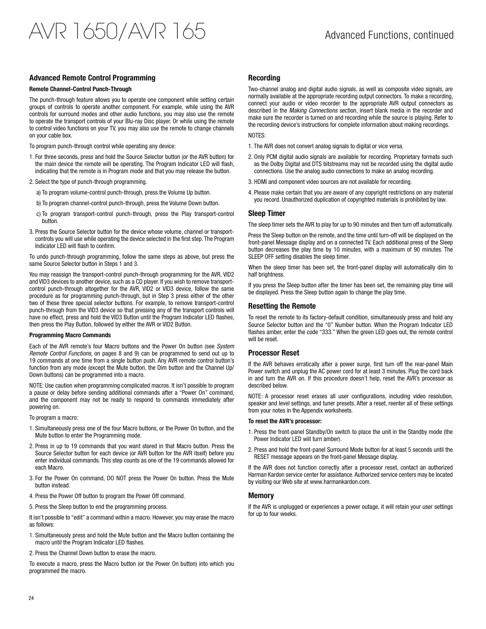 Advanced functions, continued | Harman-Kardon AVR 1650 User Manual | Page 24 / 42