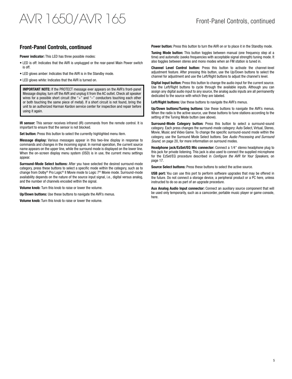 Front-panel controls, continued | Harman-Kardon AVR 1650 User Manual | Page 5 / 42